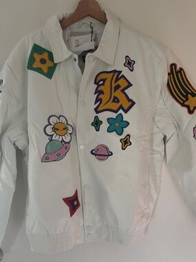 Kloud9 NY White moto biker Jean Jacket with Colorful Patchwork